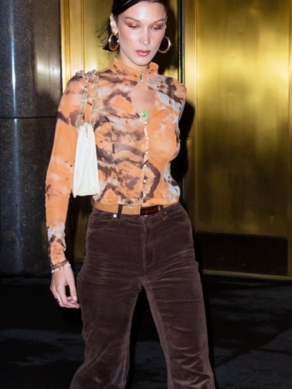 Kim Shui Mesh Print Pearl Top- worn by Bella Hadid  Orange and Brown Tie-Dye